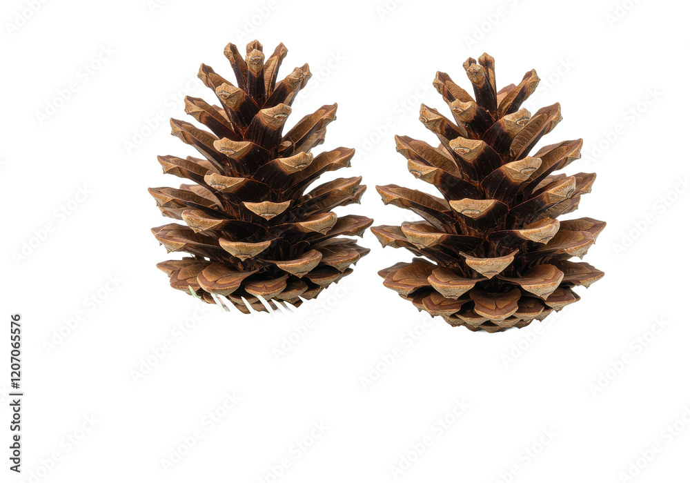 Two brown pine cones with a sprig of fresh green pine needles, isolated on white background Two brown pine cones with a sprig of fresh green pine needles, isolated on white background