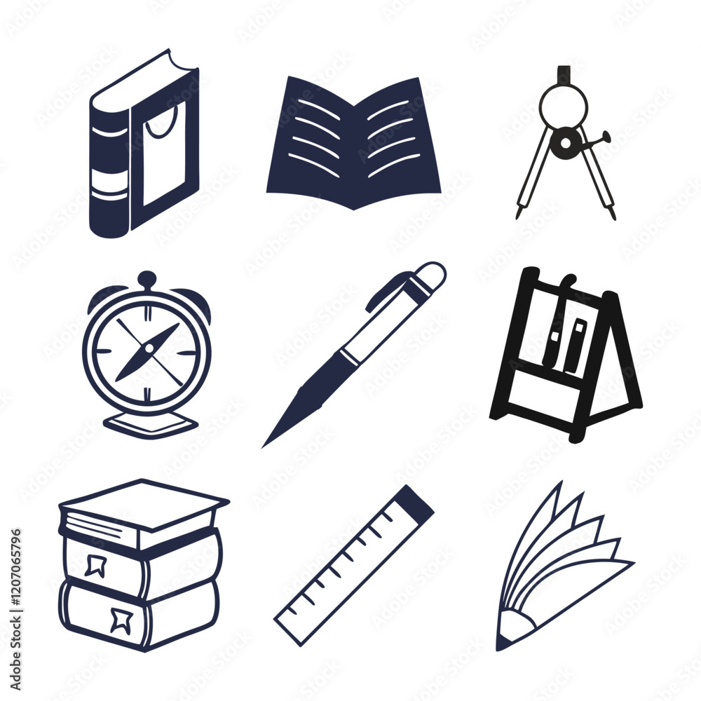 bool,pen, table, clock, note, scale, compassetc line art