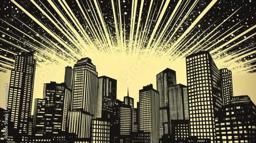 Retro pop art illustration in vintage 50s 60s style depicting a cityscape with modern skyscrapers at night.