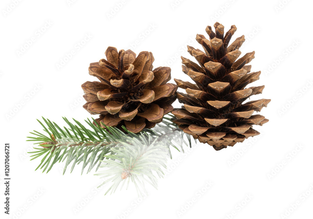 Two brown pine cones with a sprig of fresh green pine needles, isolated on white background Two brown pine cones with a sprig of fresh green pine needles, isolated on white background