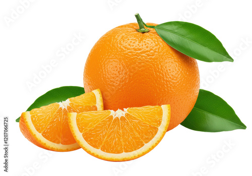A whole orange with two juicy slices and vibrant green leaves, isolated on white background