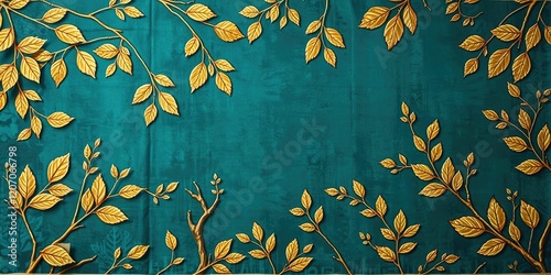 Abstract forest tapestry with flowing branches and shimmering leaves in gold and teal hues, tapestry, background