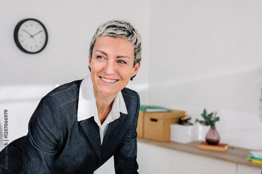 Smiling businesswoman leaning on desk in office