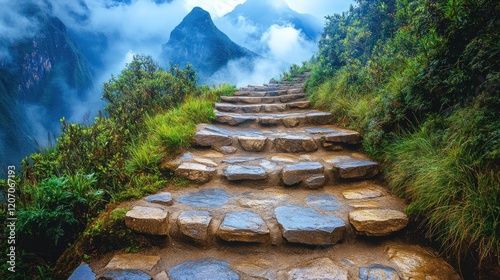 Ancient stone steps ascend Andean mountain trail, misty peaks