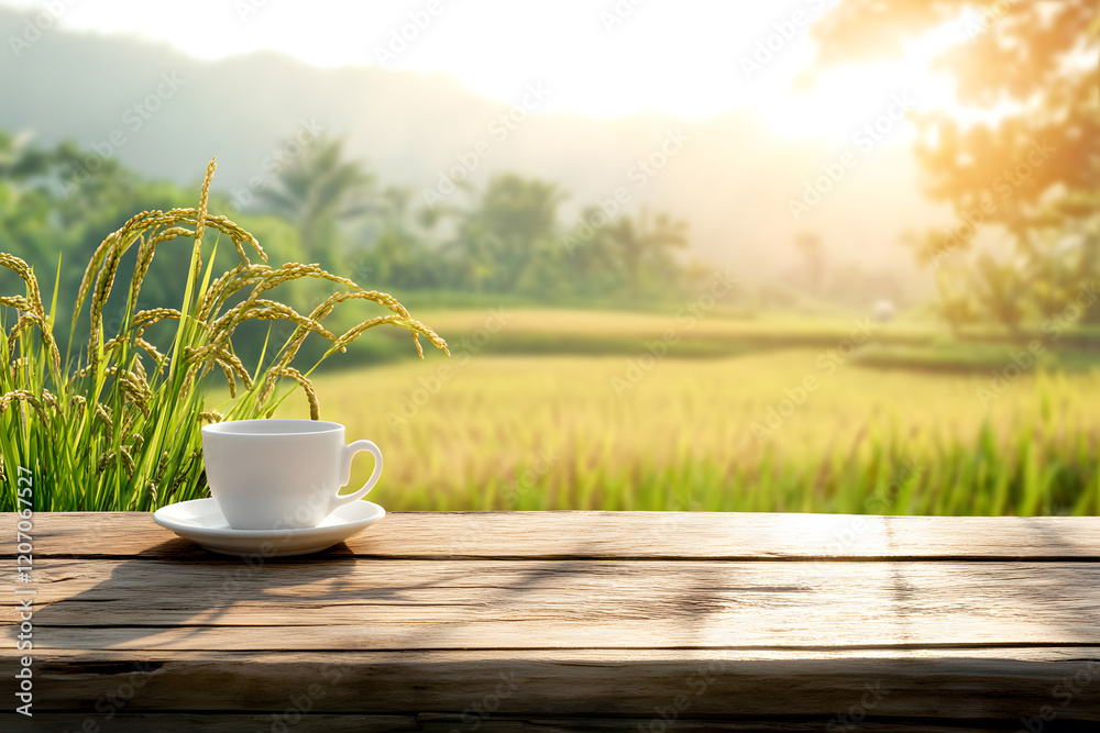 rustic wooden counter featuring a coffee cup, rice plants swaying gently in the breeze, with the sun casting warm glow over golden fields, evoking serene and tranquil rural morning. rustic wooden counter featuring a coffee cup, rice plants swaying gently in the breeze, with the sun casting warm glow over golden fields, evoking serene and tranquil rural morning.