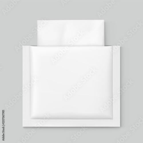 Sachet bag mockup for single wet wipe. Vector illustration isolated on grey background. Flat lay view. Can be use for template your design, presentation, promo, ad. EPS10.