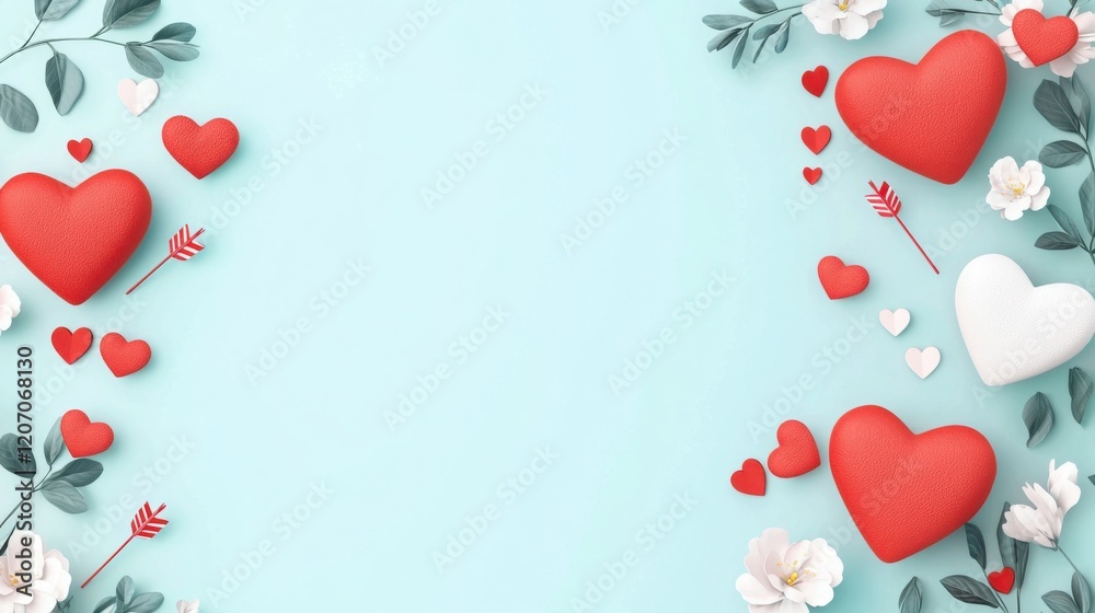 A serene arrangement of red and white hearts surrounded by flowers and foliage on a light blue background, perfect for romantic themes. A serene arrangement of red and white hearts surrounded by flowers and foliage on a light blue background, perfect for romantic themes.