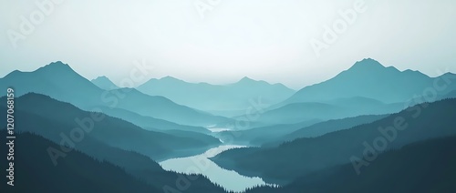 layered Mountain winding river landscape silhouettes nature scene, vector art style minimalist design