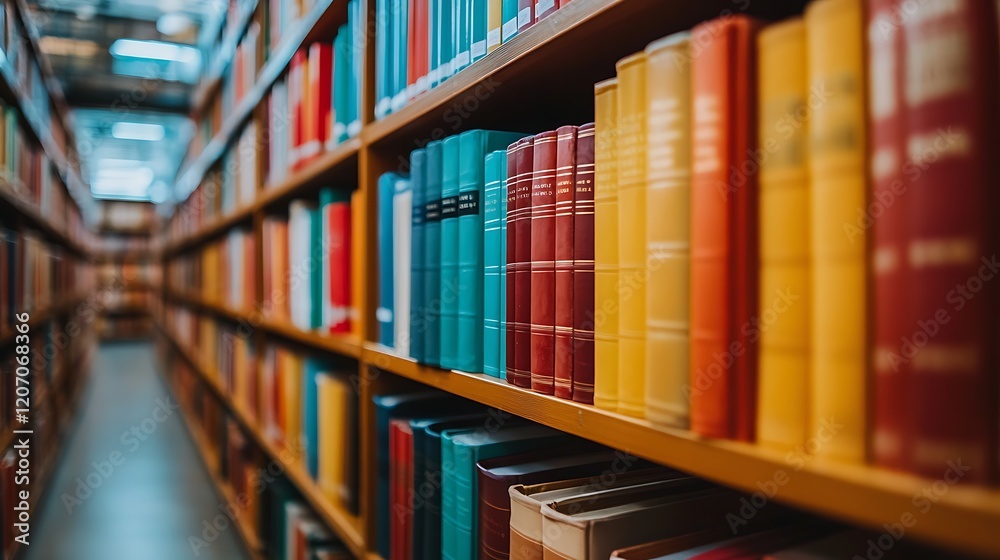 A library wall filled with colorful books with wooden shelf A library wall filled with colorful books with wooden shelf