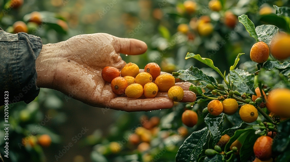 Harvesting Coffee Cherries: A Farmer's Hand Gently Holding Ripe Coffee Beans in a Lush Plantation Harvesting Coffee Cherries: A Farmer's Hand Gently Holding Ripe Coffee Beans in a Lush Plantation