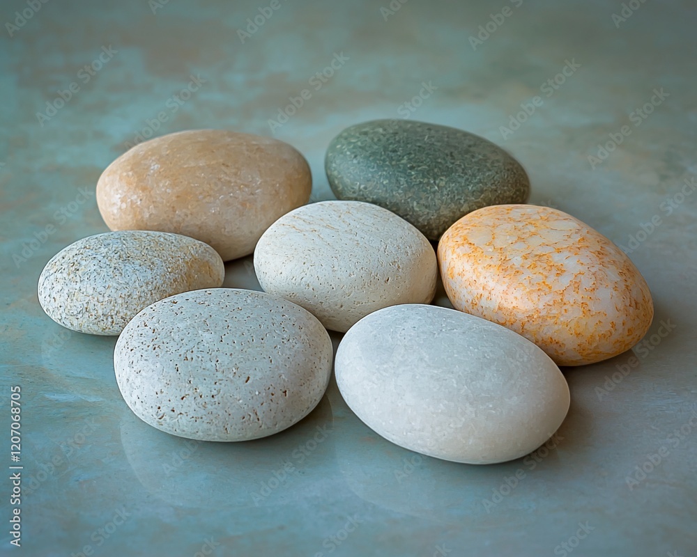Seven smooth, colorful stones arranged on a teal surface. Seven smooth, colorful stones arranged on a teal surface.