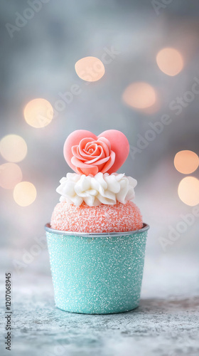 pastel cupcake with heart and rose decoration, surrounded by soft bokeh lights
