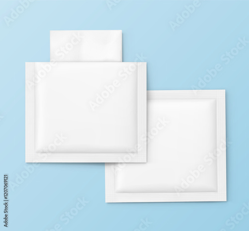 Open and closed sachet bag mockups for single wet wipe. Vector illustration on colour background. Flat lay view. Can be use for template your design, presentation, promo, ad. EPS10.