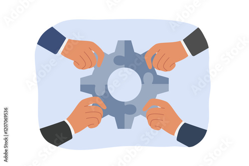 Synergy of business people holding fragments of mechanism in hands, and connecting gear to achieve success. Synergy between office managers resulting from successful team building and trust