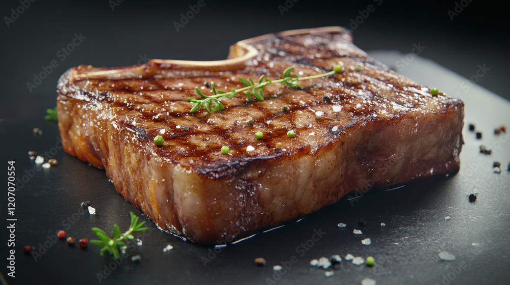 Perfectly charred T bone steak garnished with herbs and spices, showcasing deliciously grilled texture and rich flavor. Ideal for meat lovers and culinary enthusiasts Perfectly charred T bone steak garnished with herbs and spices, showcasing deliciously grilled texture and rich flavor. Ideal for meat lovers and culinary enthusiasts