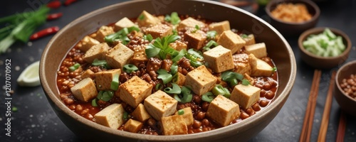 A steaming bowl of Sichuan mapo tofu garnished with chopped scallions and a sprinkle of sesame seeds, aromatic, spicy tofu photo