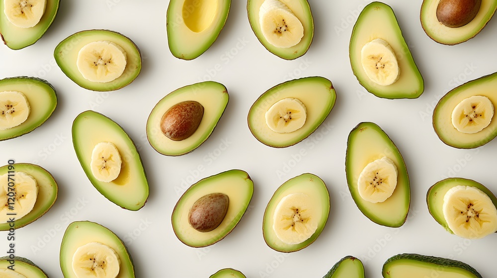 Sliced avocado halves and banana rounds arranged in rows on a white background. Sliced avocado halves and banana rounds arranged in rows on a white background.