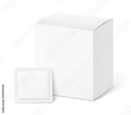 Paperboard box mockup with sachet mockup. Hyper realistic. Vector illustration isolated on white background. Half side view. Packaging for cosmetic, food, pharmacy. Ready for your design. EPS10.