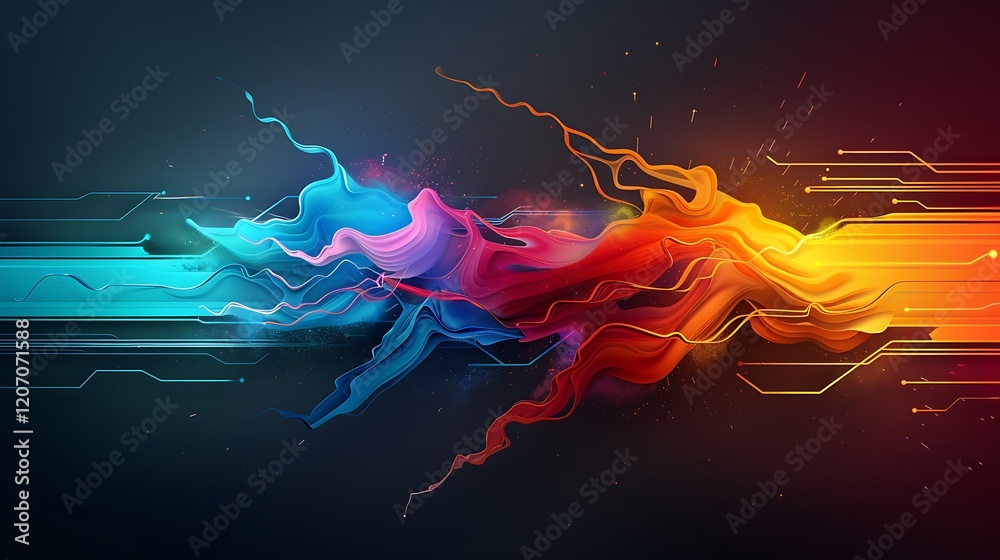 Abstract digital art; color swirls clash; circuit background; tech concept Abstract digital art; color swirls clash; circuit background; tech concept