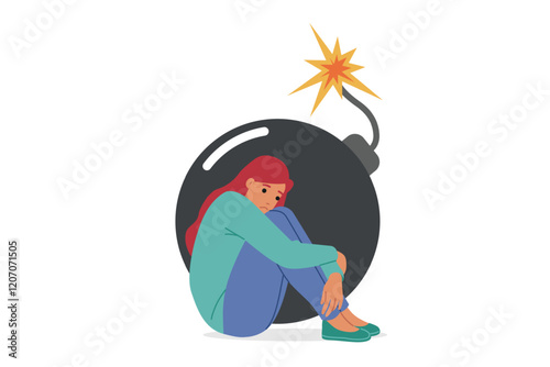 Stress and depression in upset woman sitting near large bomb symbolizing presence of serious problems. Girl experiences stress and apathy caused by social pressure or romantic failures