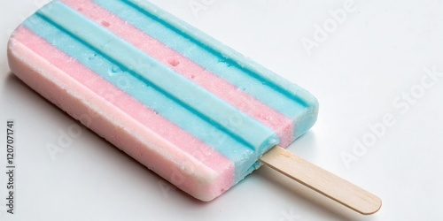 A striped ice cream stick with pastel blue and pink stripes, pastel pink, soft photo