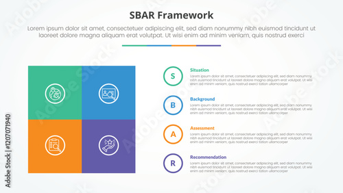 SBAR tool framework infographic concept for slide presentation with square box matrix with circle outline stack with 4 point list with flat style