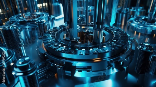 precision CNC machines in operation, sleek metal cutting process, high-tech factory background, intricate machinery design, blue and metallic tones, glowing LEDs