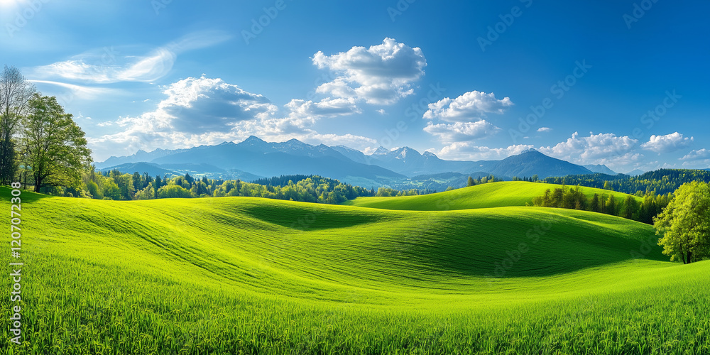 Fototapeta premium Green field landscape background. Generated AI