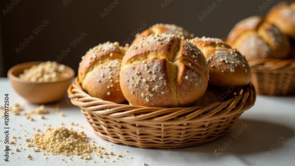 Freshly baked buns and soft roll in wicker basket lie on table in bakery Freshly baked buns and soft roll in wicker basket lie on table in bakery