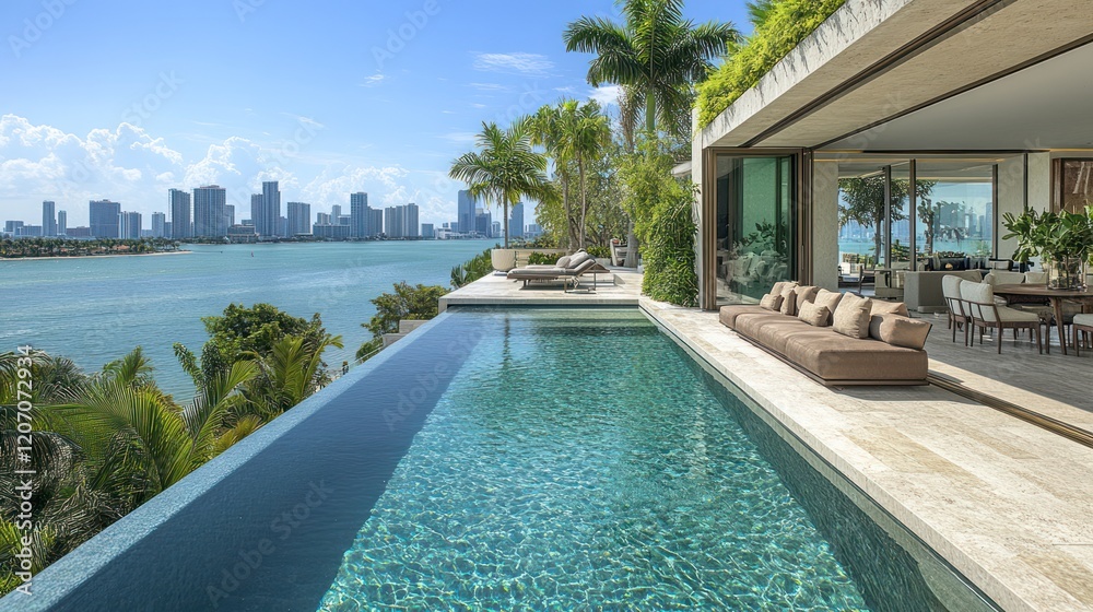 Fototapeta premium A luxury penthouse terrace with a sleek swimming pool, offering stunning views of Miami's skyline and ocean