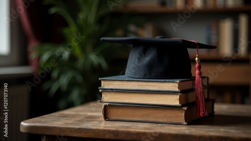 an academic cap lies on a stack of books lying on a table in a library