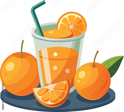 A glass of orange juice next to an orange and a glass of juice vector illustration healthy on white background 