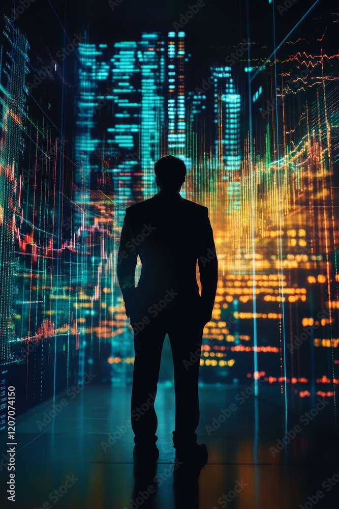 Businessman Silhouette Against Digital Financial Data Visualization Businessman Silhouette Against Digital Financial Data Visualization