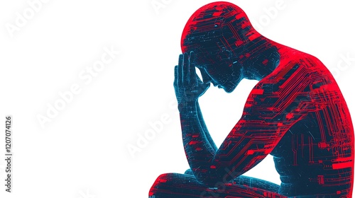 A digital silhouette of a seated figure in distress, with a red and blue color scheme, symbolizing mental struggle and introspection.