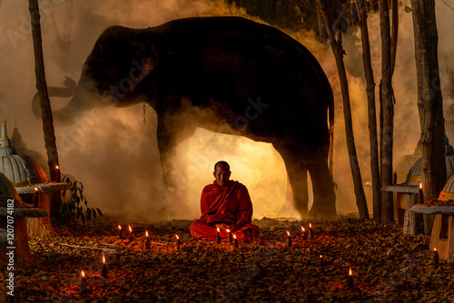 фотографія Buddhist Monk Meditating with Elephant in Forest Surrounded by Candlelight in Th
