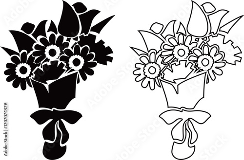 花束の白黒イラストセット