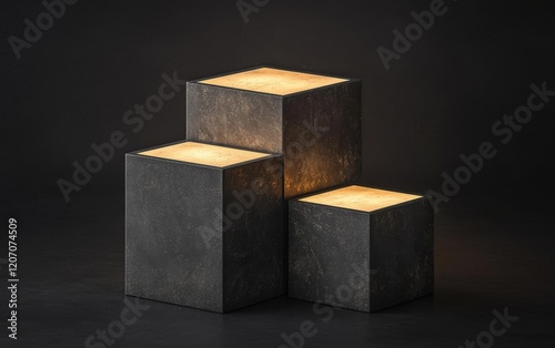 Illuminated geometric light sculptures studio product photography minimalist close-up contemporary design photo