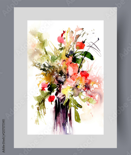 Bouquet flowers in vase decorating interior and filling house with aroma on poster. Watercolor artwork. Wall art with bouquet of fresh flowers collected in summer field, in frame with decor for print