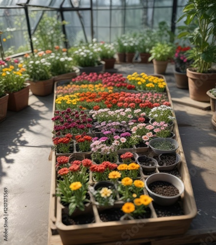 A tray of neatly arranged flower seeds and pots in a greenhouse , seedling development, plant propagation photo