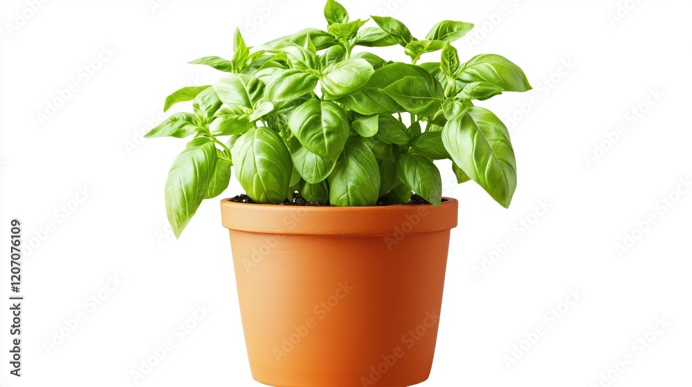 Fototapeta premium Fresh Basil Plant in Terracotta Pot - Minimalist Photography