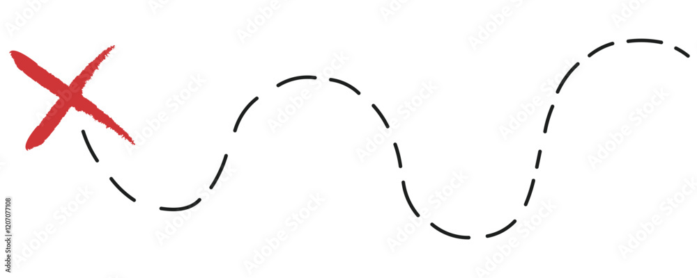 Treasure map element. A dashed line and red X mark ink on the map, the treasure map with a dotted line, X marks the spot, dashed line to an X	
