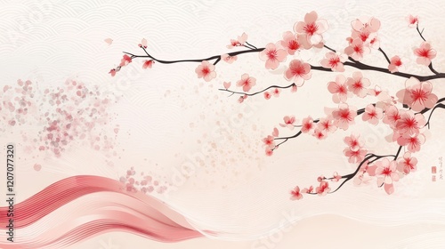 Minimalist pastel plum blossoms and abstract wave patterns, stylish Japaneseinspired texture photo