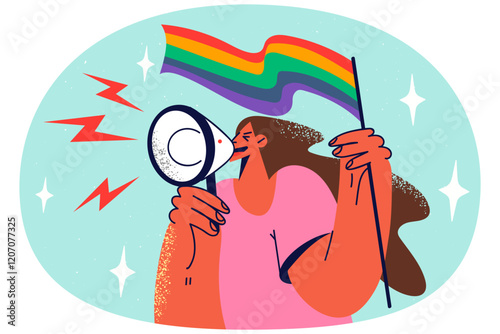 Woman with LGBT flag scream in megaphone