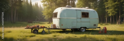 Wallpaper Mural A vintage metal trailer parked next to a barbecue in a field with a beautiful forest background, picnic, trailer, forest Torontodigital.ca