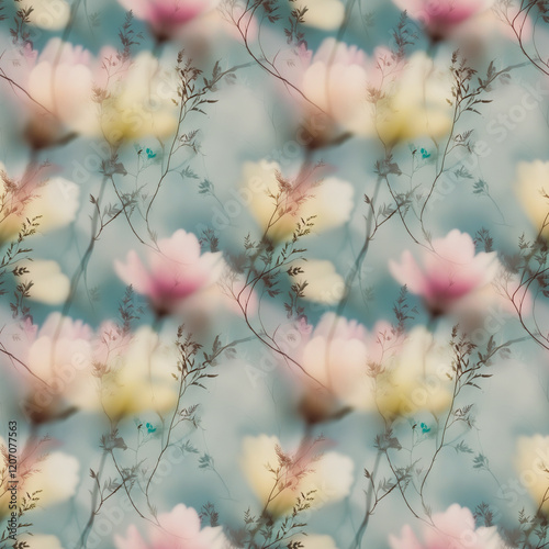 Seamless pattern with jentle delicate minimalistic blurred flowers photo