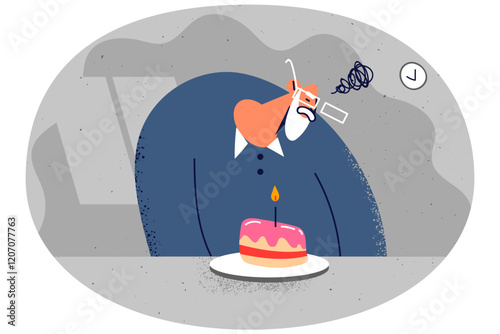 Distressed elderly grandfather celebrate with cake alone