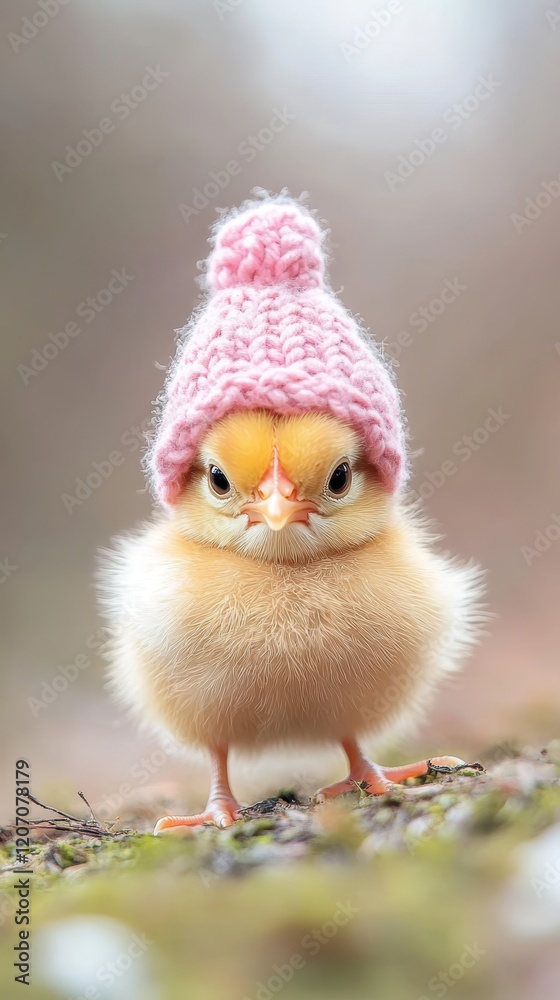 Baby chick in tiny easter hat. Vertical background Baby chick in tiny easter hat. Vertical background