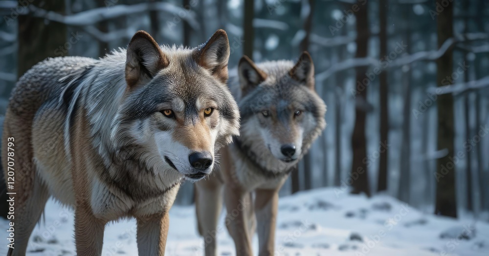 Obraz premium A wolf's muzzle with a hint of frost in the snowy forest, fur texture, snowflakes, wildlife photography
