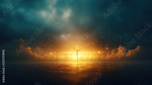 Innovative tidal energy farm with glowing underwater turbines oceanic location technology showcase nighttime environment aesthetic viewpoint renewable energy concept photo