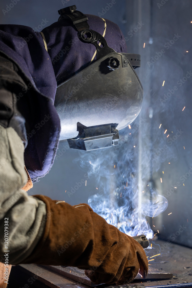 A focused welder in protective gear skillfully creates intricate metalwork, showcasing the art and precision required in welding while illuminating the workspace with sparks.